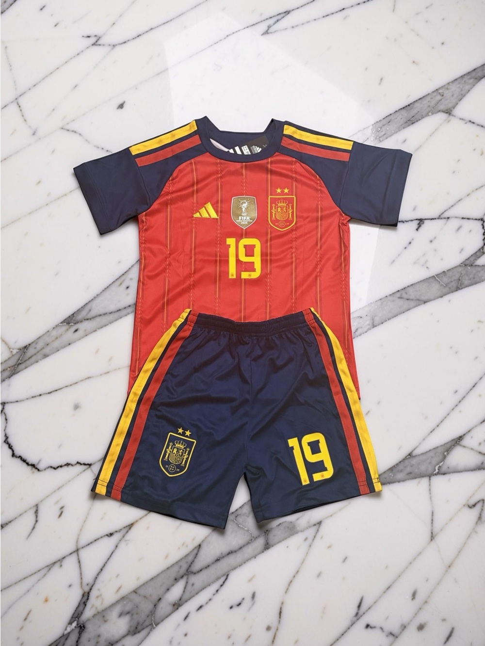 Kids Spain Lamine Yamal #19 Soccer Jersey + Shorts Set Youth 2026 Home Kit Espa